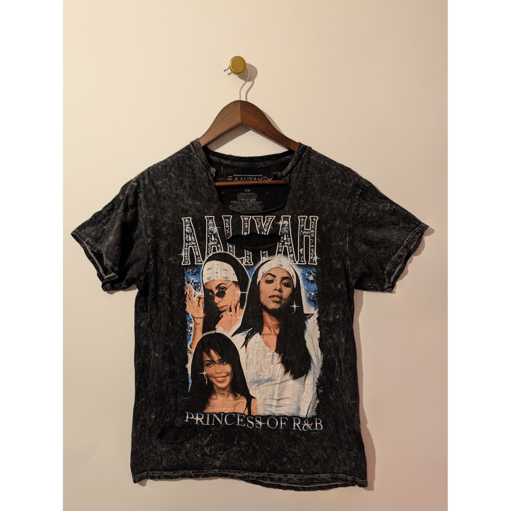Aaliyah Graphic T-Shirt Unisex S/M Black Acid Wash Fair Rips Princess of R&B